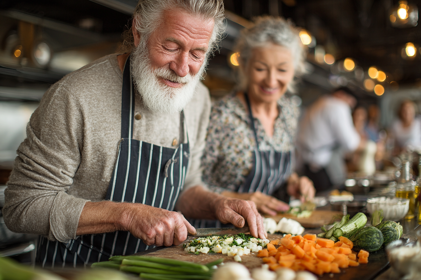 Група старших людей разом готує здорову їжу